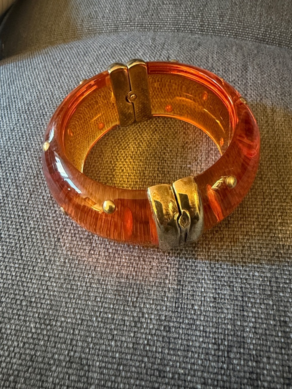 Hinged Studded Resin Bangle Bracelet Featuring a Translucent Amber Color. - Picture 5 of 5